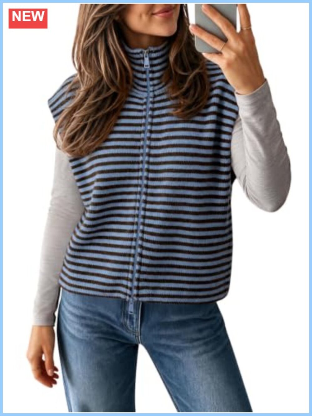 Womens Zip Up Knit Sweater Vest Striped Sleeveless Cardigan Lightweight
